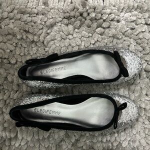 Sequin Heels with velvet bow trim. Silver. Size 6 1/2.